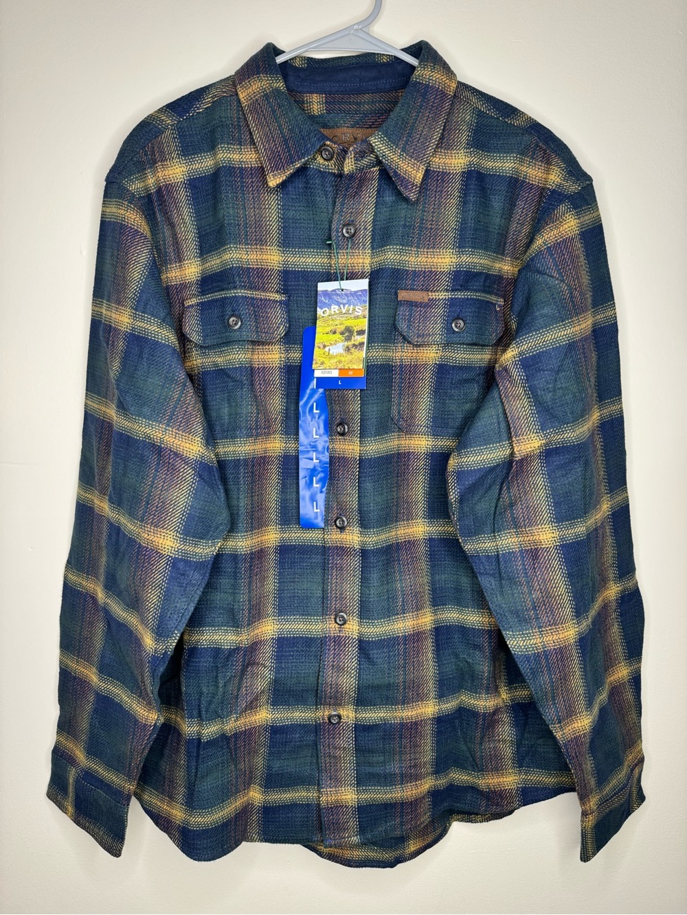 Orvis Heavyweight Blue & Yellow Plaid Flannel Mens L Shacket NWT